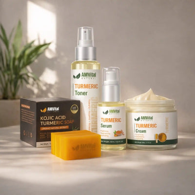 AMVital skincare products including toner, serum, cream, and soap on a neutral background.