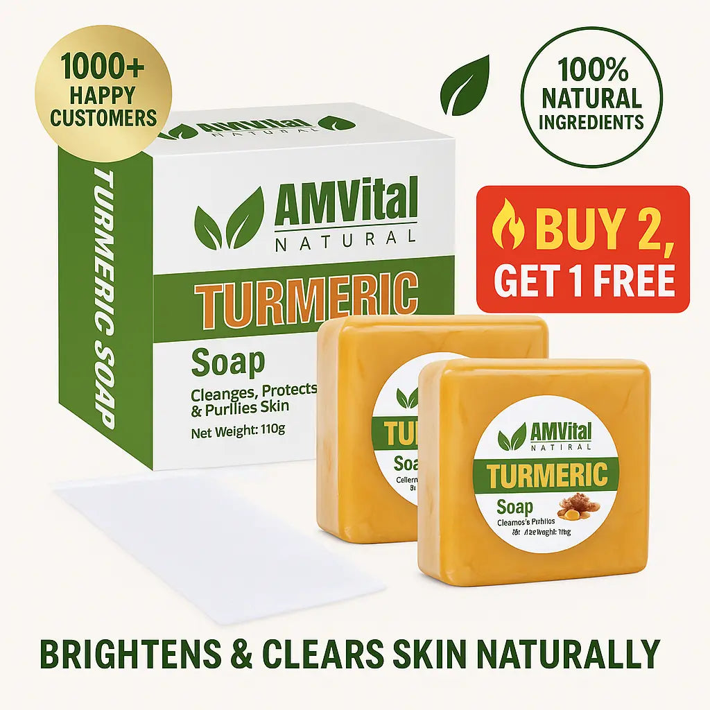 AMVital Turmeric Soap 2-Pack with front packaging and bars