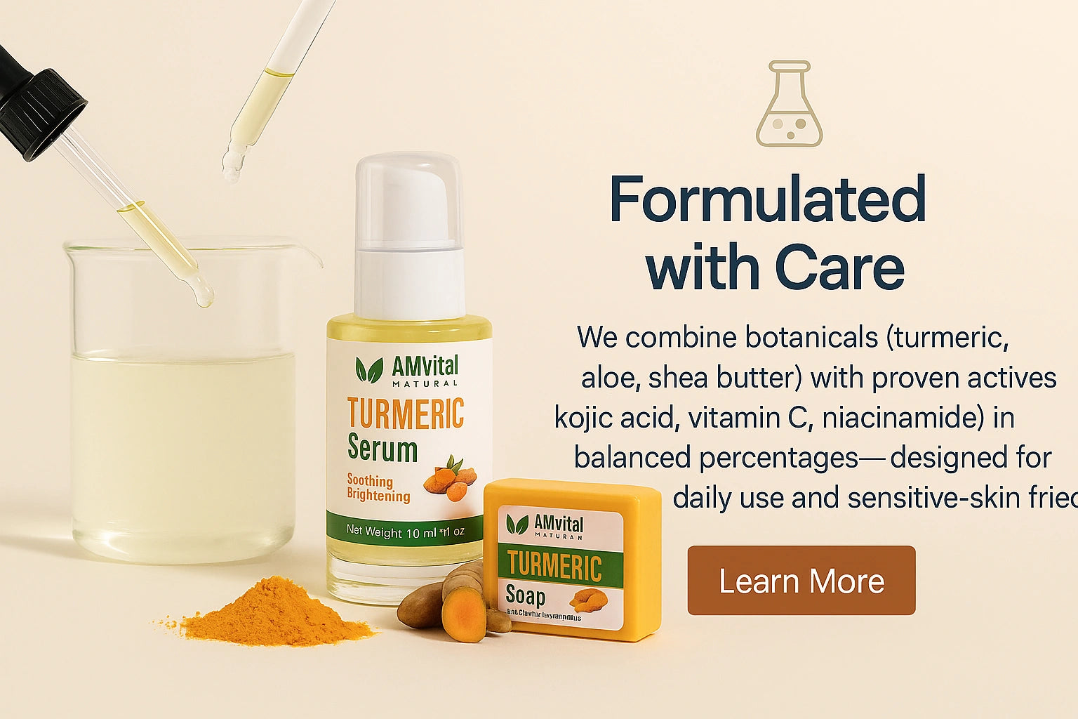 Mobile AMVital banner featuring turmeric serum and soap with turmeric root and powder. Text 'Formulated with Care' and Learn More button on beige background.
