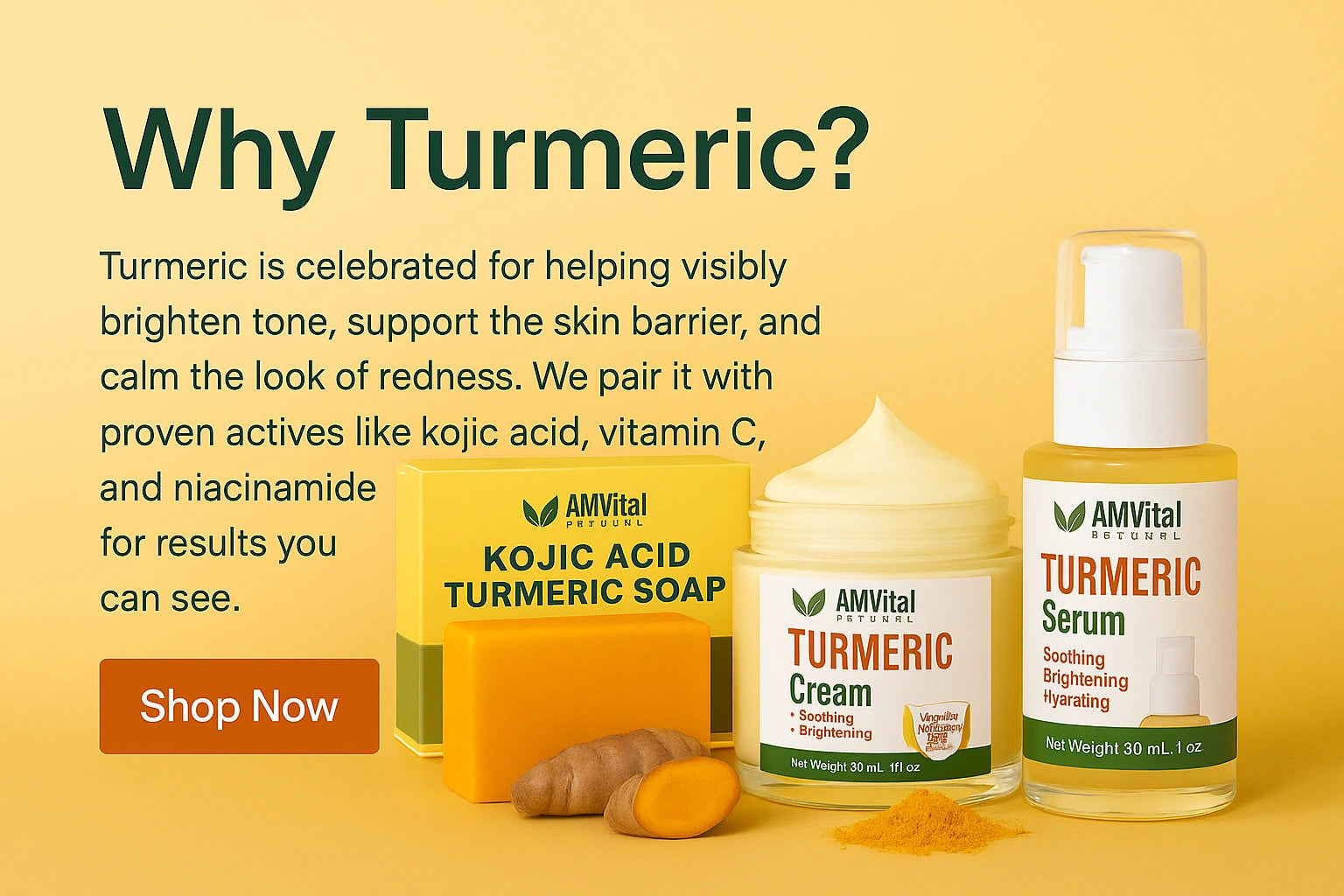 Mobile AMVital banner with 'Why Turmeric?' headline, turmeric soap, cream, and serum displayed with turmeric root and powder on golden background, Shop Now button.