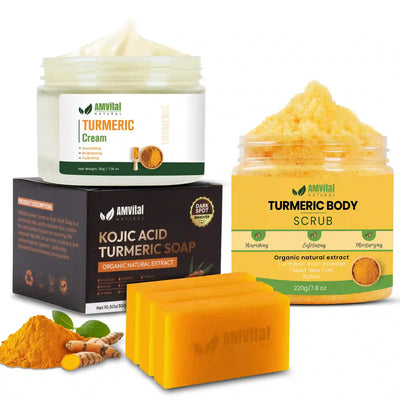 Amvital Turmeric skincare products including cream, scrub, soap, and powder on a white background