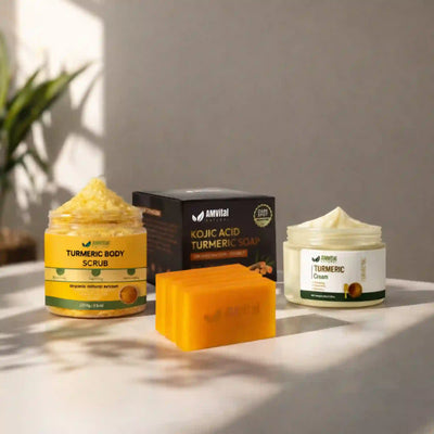 Amvital natural skincare products including scrub, soap, and cream on a neutral background