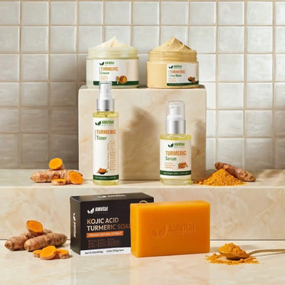 Collection of Aviibi skincare products including cream, serum, toner, and soap on a tiled bathroom counter.