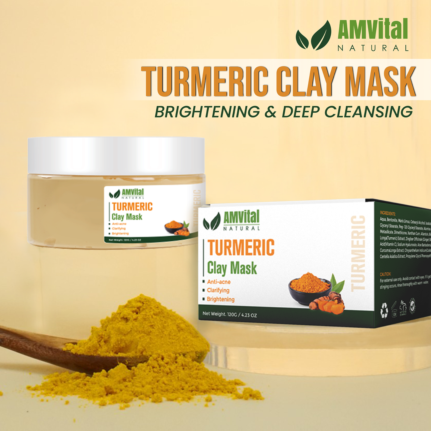 Turmeric Vitamin C Clay Mask – Detox & Brighten Skin, Remove Blackheads, Minimize Pores & Control Oil