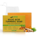 Amvita Kojic Acid Turmeric Soap pack 1 packaging with turmeric root and leaves on a white background