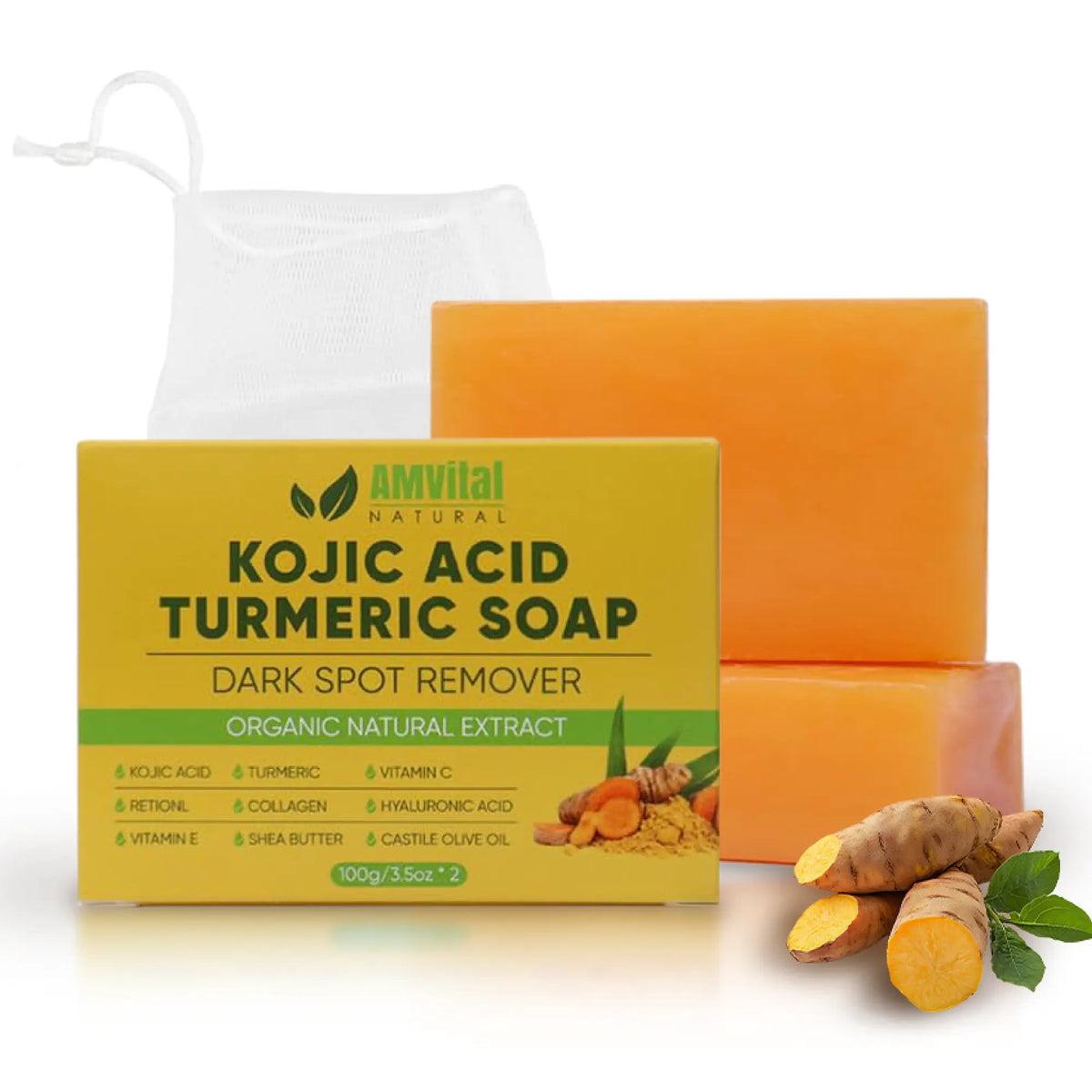 Amvita Kojic Acid Turmeric Soap pack 2 packaging with turmeric root and leaves on a white background