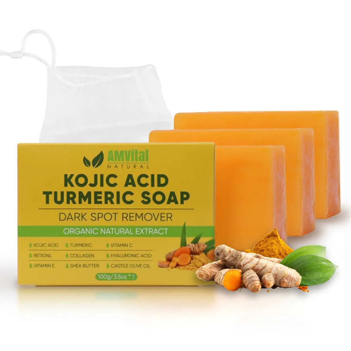 Amvita Kojic Acid Turmeric Soap pack 3 packaging with turmeric root and leaves on a white background