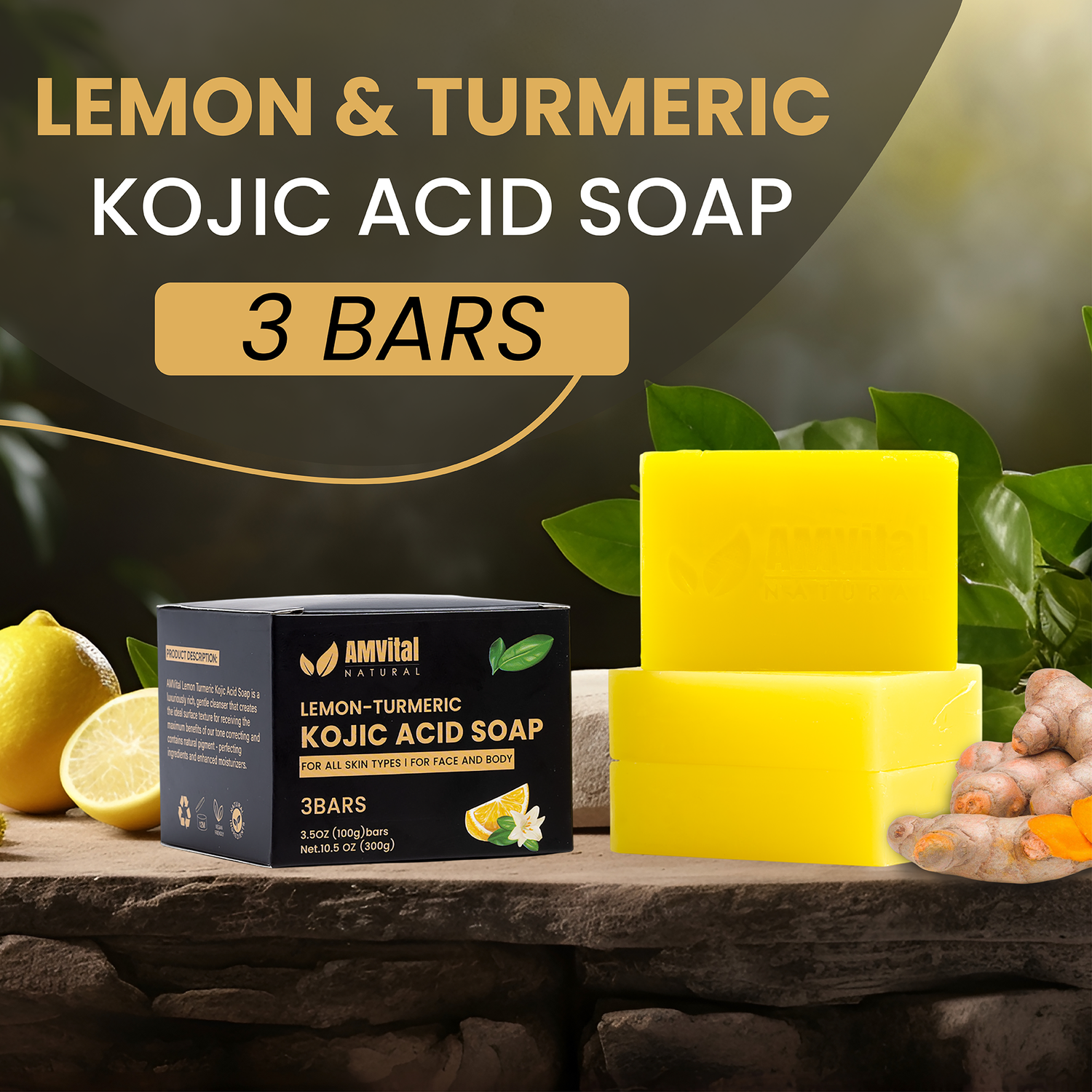 Lemon Turmeric Kojic Acid Soap Bar (3-Pack) - All-Natural Plant-Based