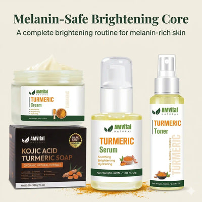 AMVital skincare products including cream, serum, soap, and toner on a beige background.