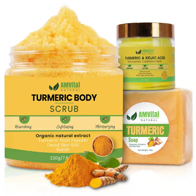 AmVital Turmeric body scrub, cleanser, and soap on a white background
