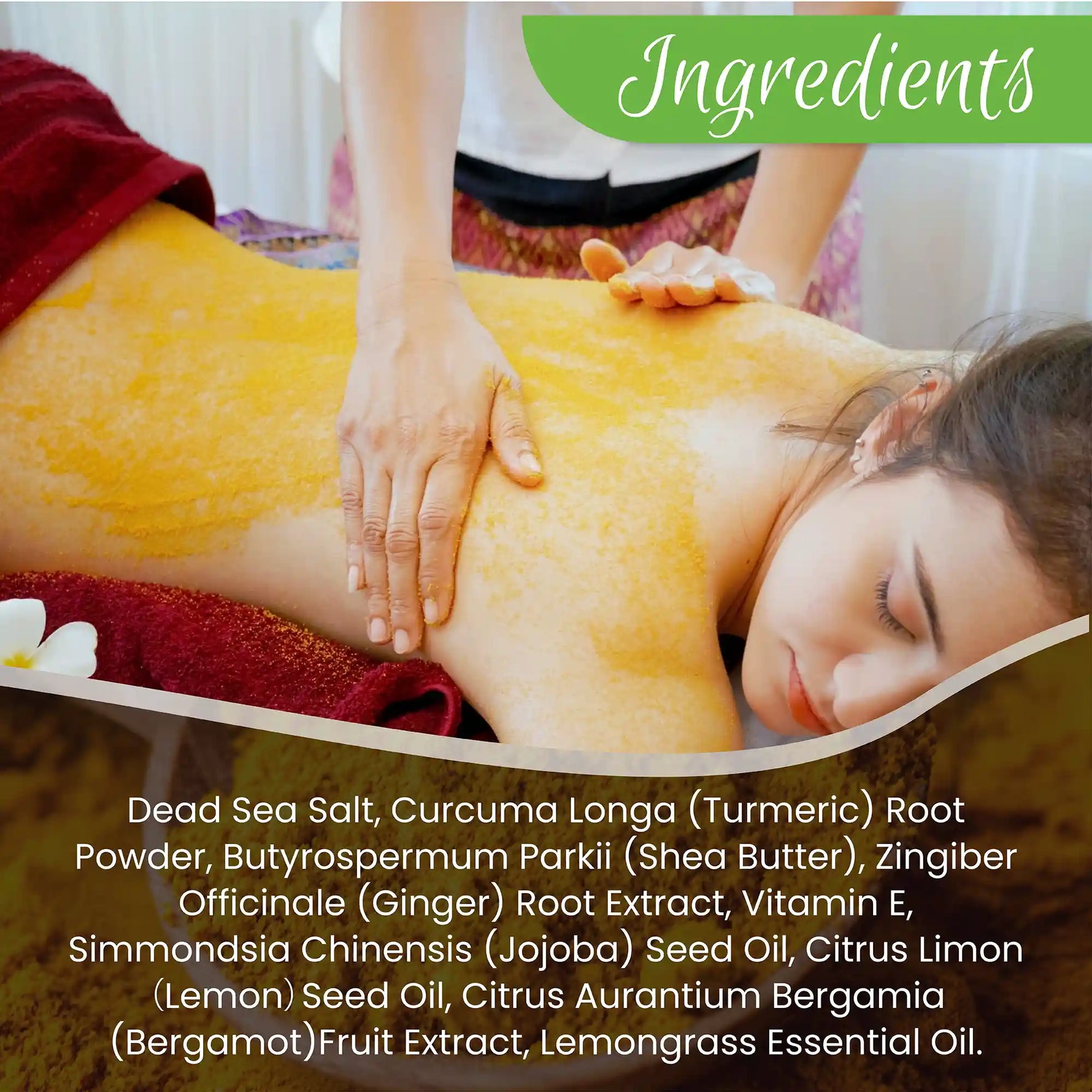 Woman receiving a massage with a list of ingredients overlayed