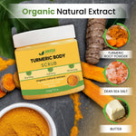 Amvil Naturals Turmeric Body Scrub with ingredients displayed on a dark background