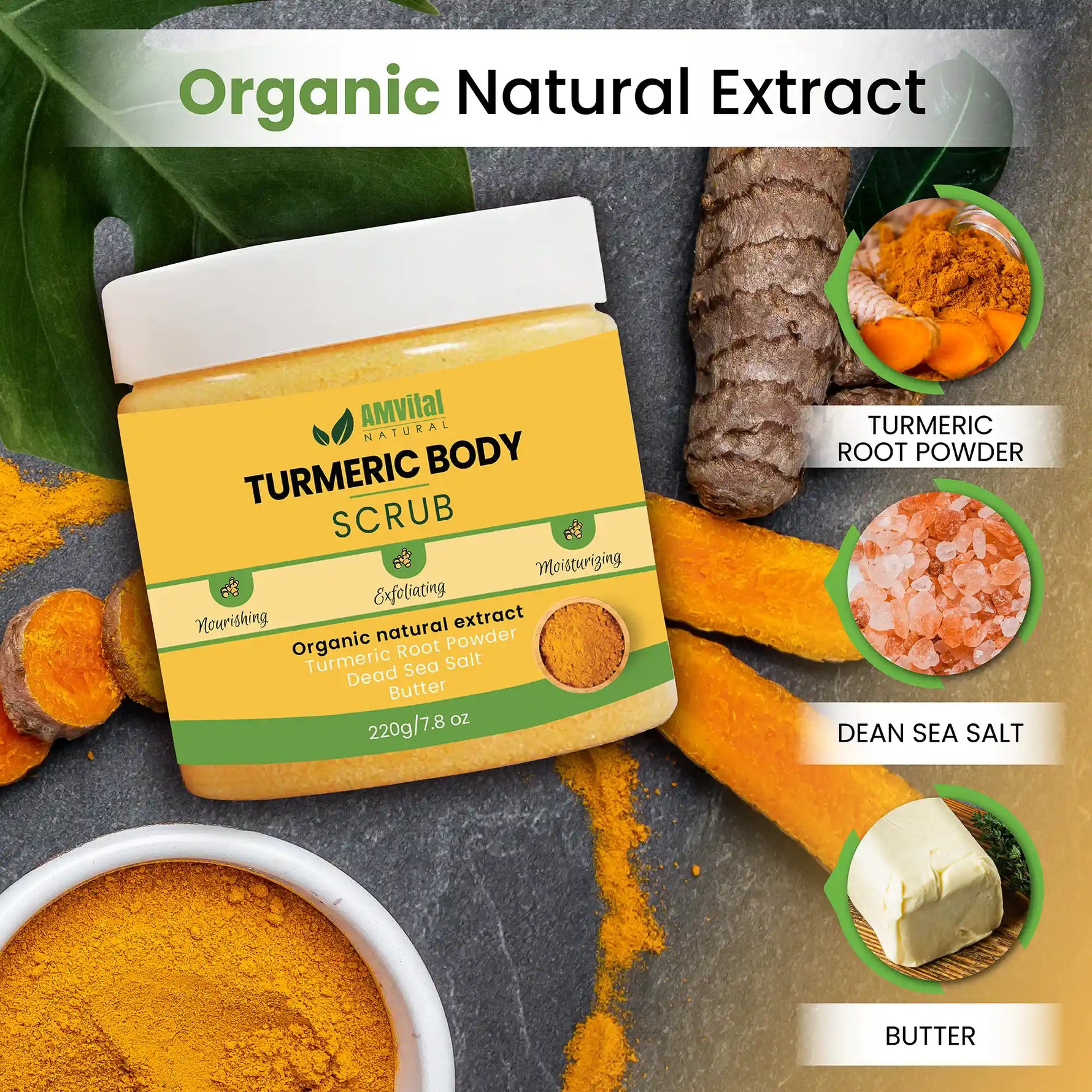 Amvil Naturals Turmeric Body Scrub with ingredients displayed on a dark background