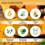 Non-comedogenic skincare formula with icons and text on a natural background
