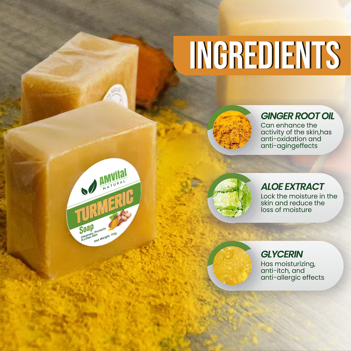Back of AMVital Turmeric Soap box showing ingredients panel