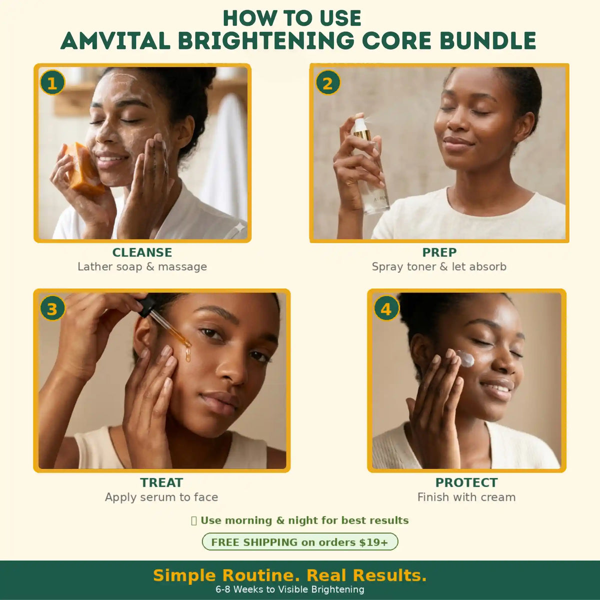 Step-by-step guide on how to use Amvital Brightening Core Bundle with images of a woman applying products.