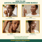 Step-by-step guide on how to use Amvital Brightening Core Bundle with images of a woman applying products.