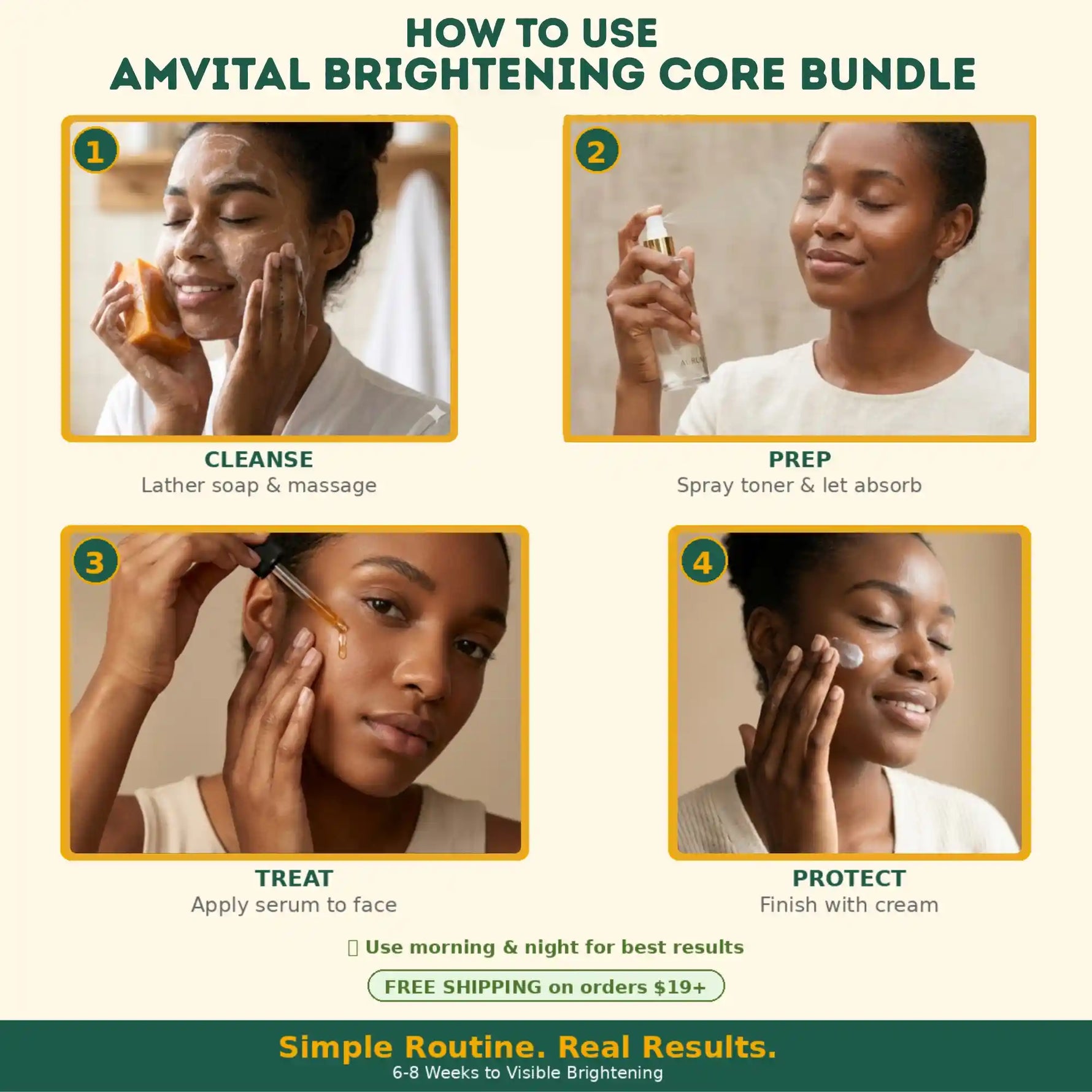 Step-by-step guide on how to use Amvital Brightening Core Bundle with images of a woman applying products.