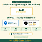 Promotional graphic for AMVital Brightening Core Bundle with customer trust ratings and badges.