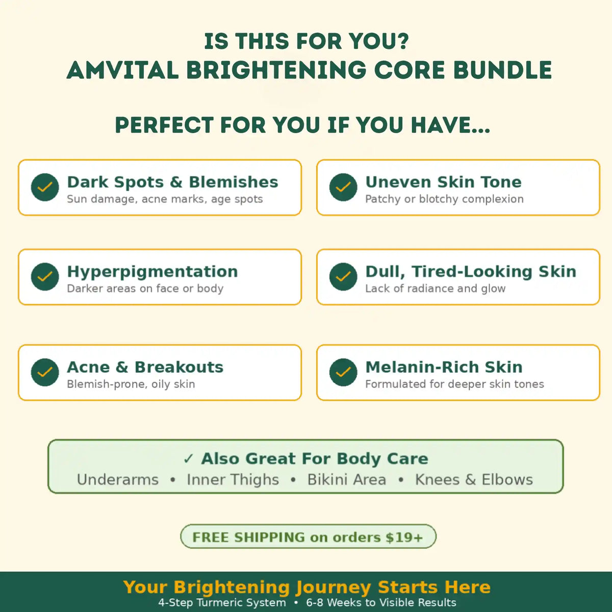 AMVITAL Brightening Core Bundle advertisement with skin concerns and product benefits.