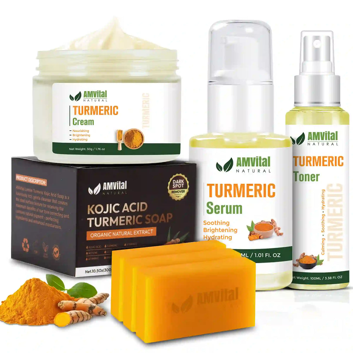 AMVital Turmeric skincare products including cream, serum, soap, and toner on a white background.