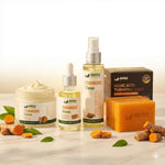 AmVital skincare and wellness products including cream, serum, toner, soap, and turmeric root on a light background.