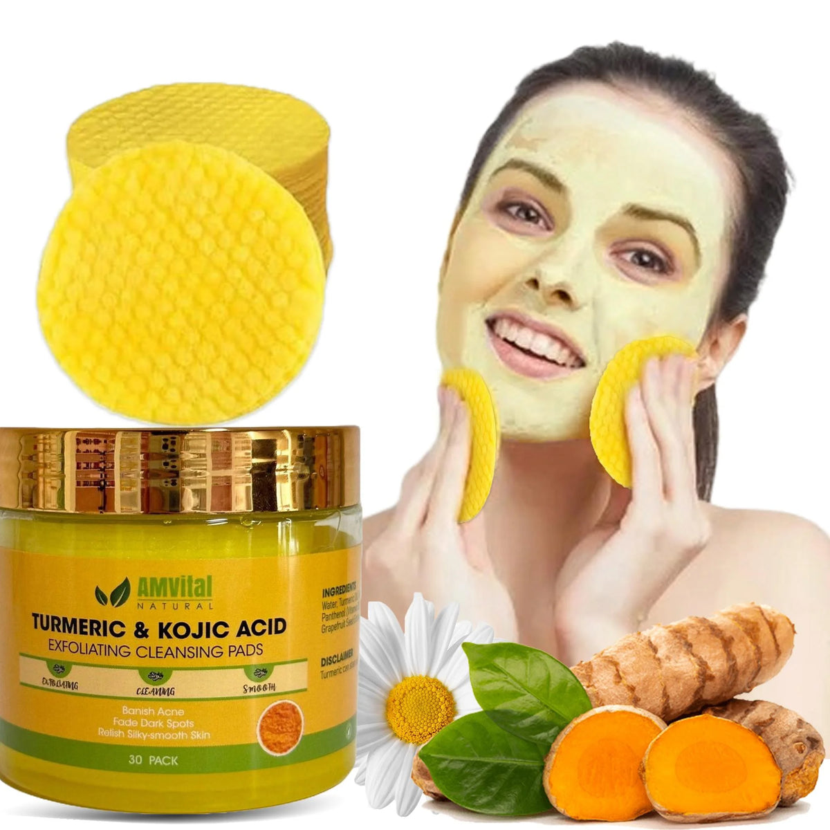 AMVita Turmeric & Kojic Acid Exfoliating Cleansing Pads with a woman applying the pads, turmeric roots