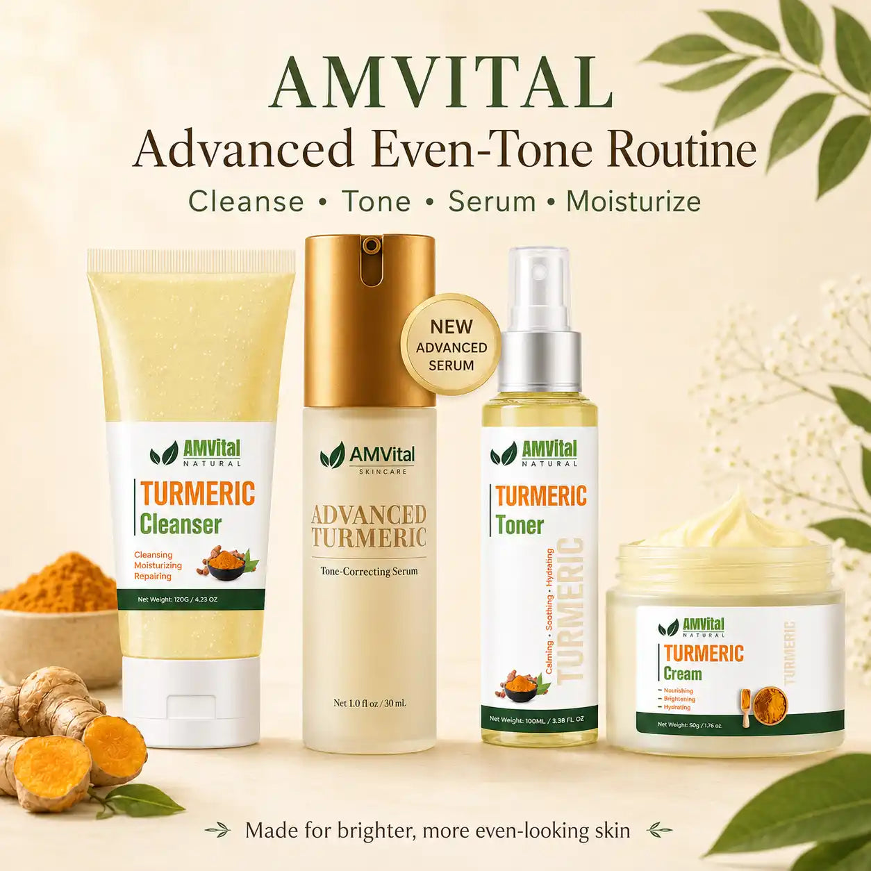 AMVital Advanced Even-Tone Routine — turmeric cleanser, toner, advanced tone-correcting serum, and cream