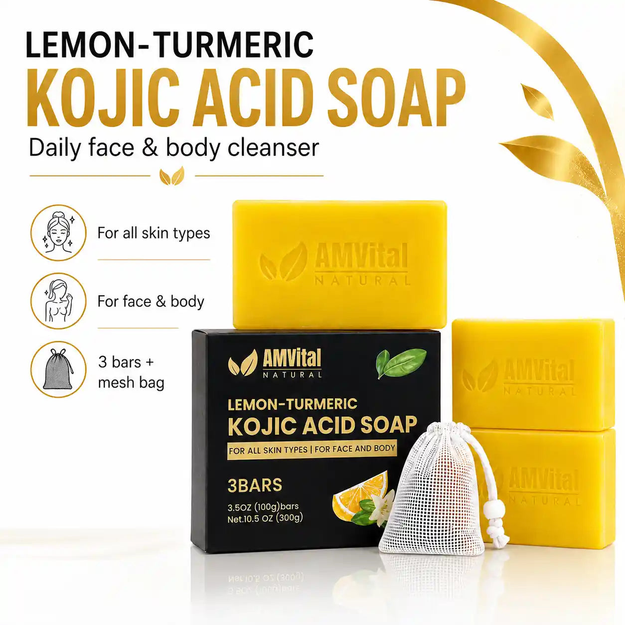 AMVital Natural Lemon-Turmeric Kojic Acid Soap 3 bar set, featuring two yellow soap bars, a black box, and a white mesh drawstring bag on a white background with gold accents.
