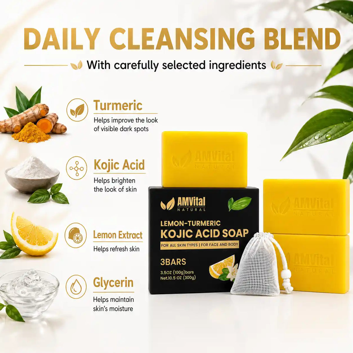 AMVital Natural Lemon-Turmeric Kojic Acid Soap bar set with two yellow soap bars, one black box, and a white drawstring sachet, surrounded by ingredient illustrations and text on a white background.
