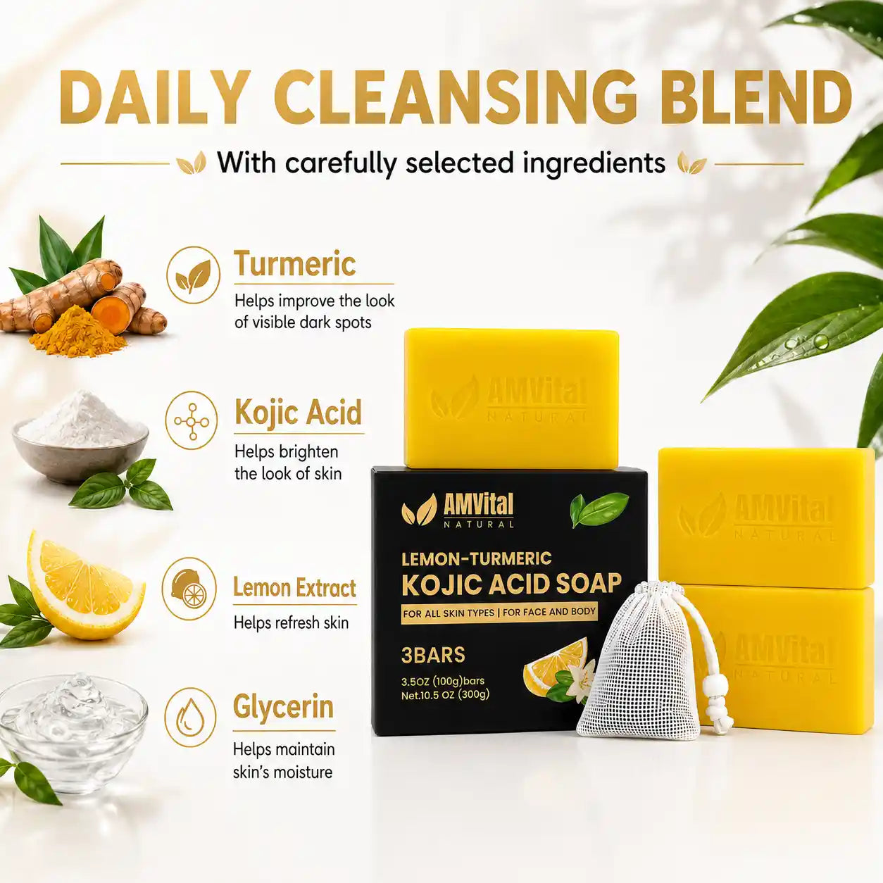 AMVital Natural Lemon-Turmeric Kojic Acid Soap bar set with two yellow soap bars, one black box, and a white drawstring sachet, surrounded by ingredient illustrations and text on a white background.