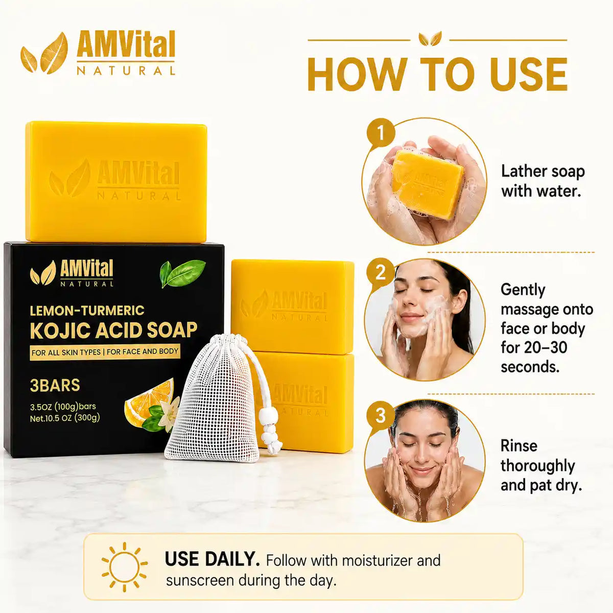 AMVital Natural LEMON-TURMIC Kojic ACID SOAP 3 BARs set, featuring yellow soap bars, a black outer box, a white mesh soap bag