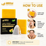 AMVital Natural LEMON-TURMIC Kojic ACID SOAP 3 BARs set, featuring yellow soap bars, a black outer box, a white mesh soap bag