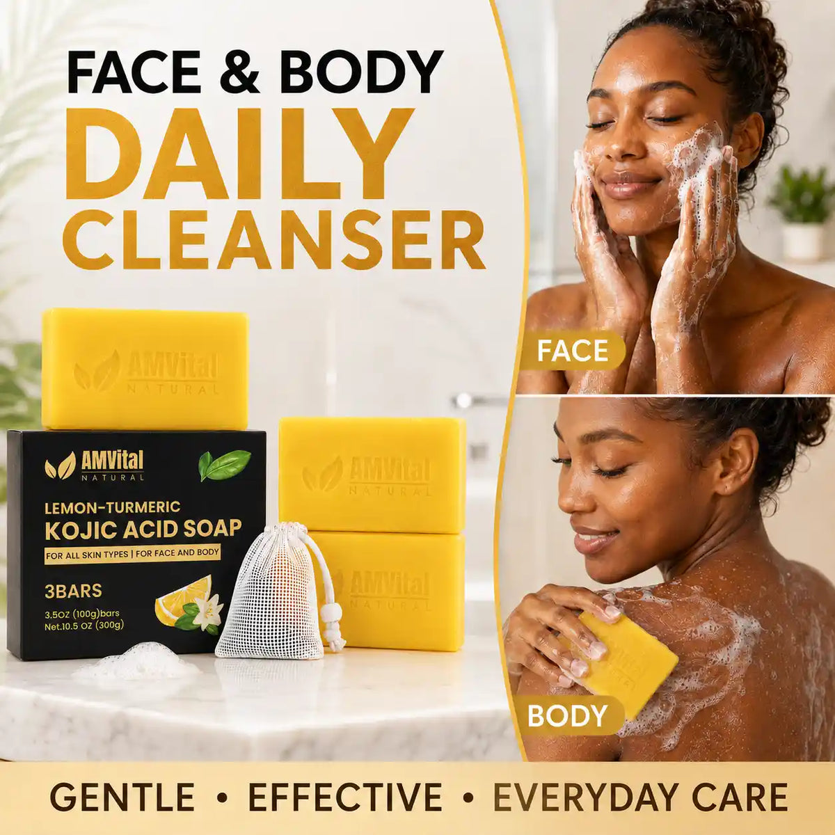 Anvital Naturals Lemon-Turmeric Kojic Acid Soap 3-bar pack shown with two models demonstrating its use for face and body cleansing, set against a bright, clean background with promotional text.
