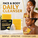 Anvital Naturals Lemon-Turmeric Kojic Acid Soap 3-bar pack shown with two models demonstrating its use for face and body cleansing, set against a bright, clean background with promotional text.
