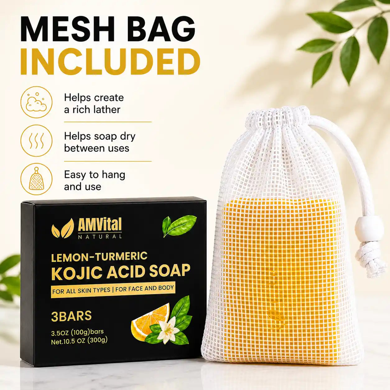 AMVital Natural Lemon-Turmeric Kojic Acid Soap bar set with a black retail box and a white mesh soap bag containing yellow soap, on a light beige background with informational text and leaf graphics.
