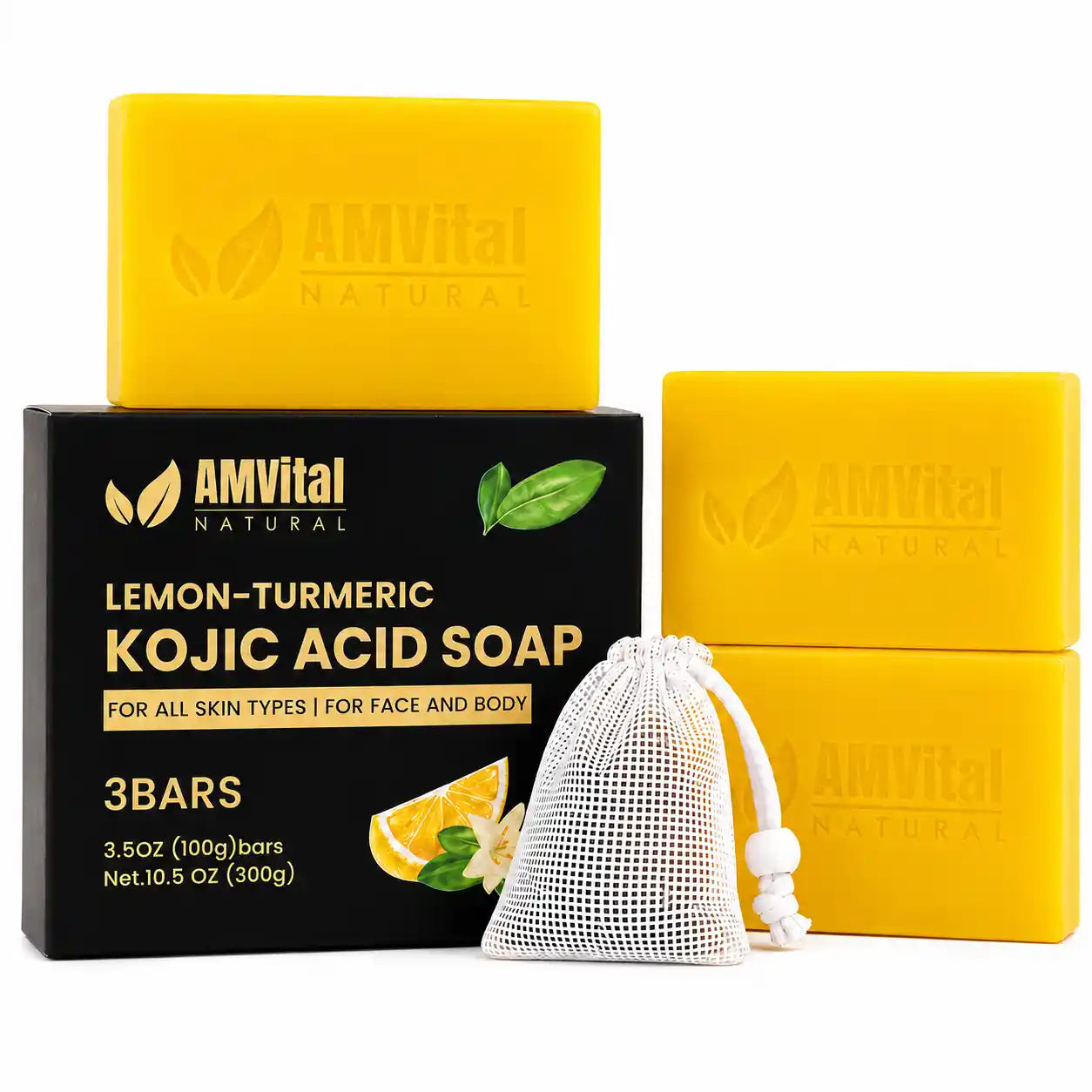 Three yellow AMVital Natural lemon-turmeric kojic acid soap bars, a black branded box, and a white mesh drawstring soap bag on a white background.
