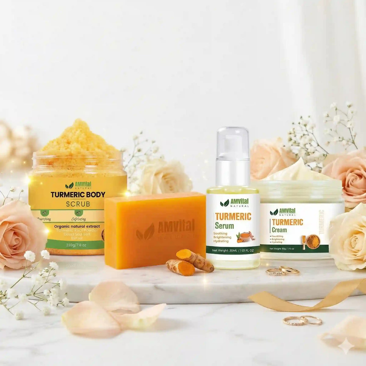 Amvital Turmeric skincare products including scrub, serum, and cream on a white surface with flowers.