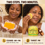 How to use the Dark Spot Duo: step 1 cleanse with Turmeric Kojic Acid Soap AM and PM, step 2 swipe a Turmeric Kojic Acid Cleansing Pad PM