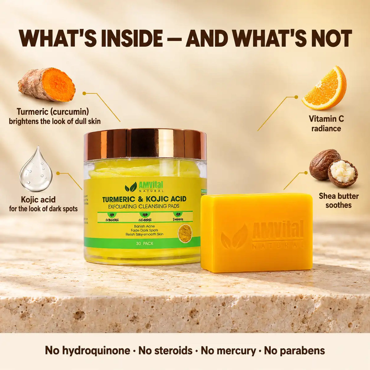 Dark Spot Duo ingredients: turmeric (curcumin), kojic acid, vitamin C, shea butter. No hydroquinone, steroids, mercury, or parabens