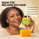 Made for melanin-rich skin — woman holding AMVital Turmeric Kojic Acid Cleansing Pads; for sun spots, post-blemish marks, uneven-looking tone