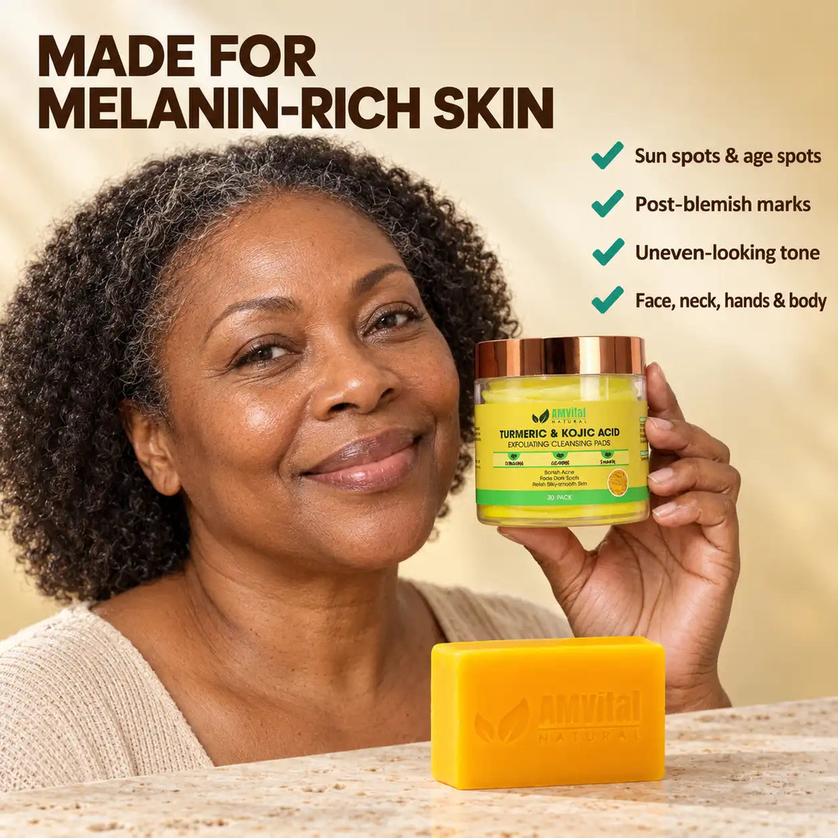 Made for melanin-rich skin — woman holding AMVital Turmeric Kojic Acid Cleansing Pads; for sun spots, post-blemish marks, uneven-looking tone