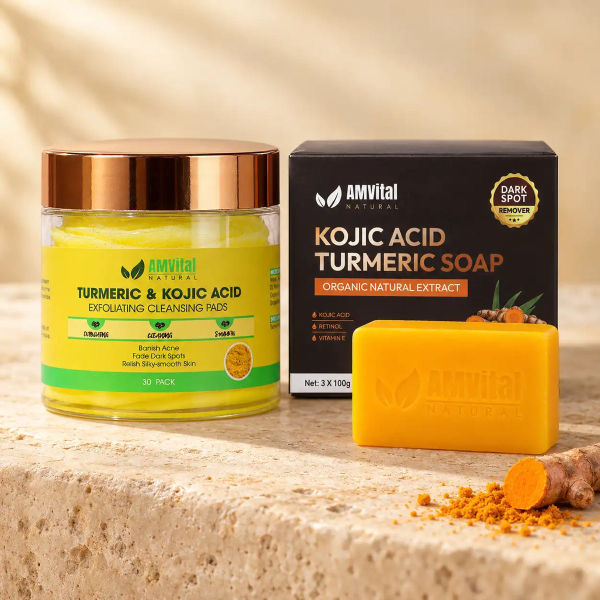 AMVital Dark Spot Duo — Turmeric Kojic Acid Cleansing Pads jar and Kojic Acid Turmeric Soap 3-pack with bar