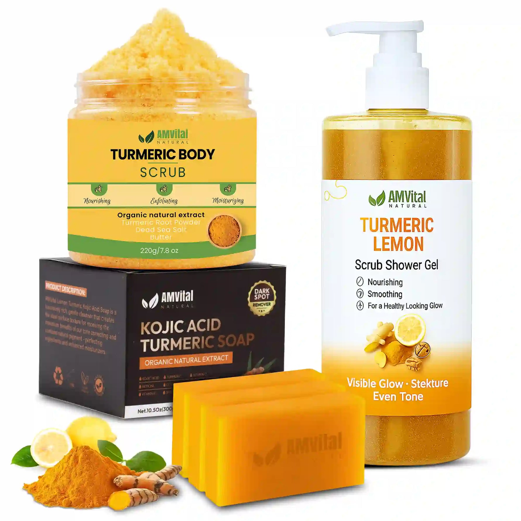 AMVital natural skincare products including scrub, shower gel, and soap on a white background