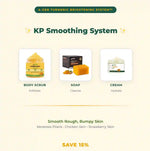 KP Smoothing System with body scrub, soap, and cream on a beige background