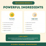 Page showcasing powerful ingredients for KP treatment with Turmeric and Kojic Acid on a beige background.