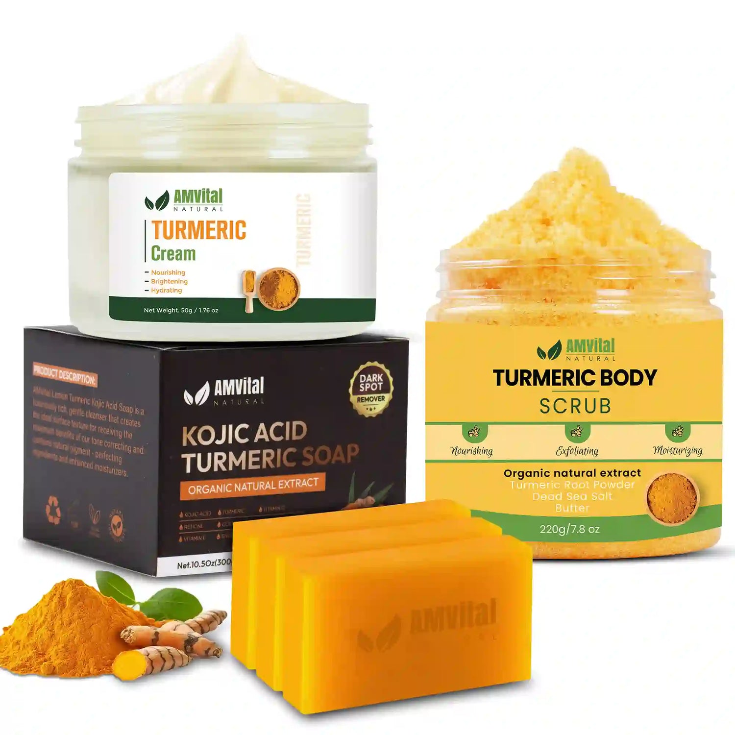 Amvital Turmeric skincare products including cream, scrub, soap, and powder on a white background