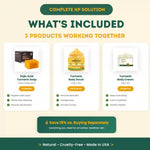 Product bundle with Kojic Acid Turmeric Soap, Turmeric Body Scrub, and Turmeric Body Cream on a beige background.