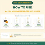 Skincare routine guide with steps for AM and PM skincare ritual on a beige background