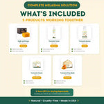 Promotional graphic for a melasma treatment solution with product images and text.